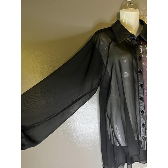 Bisou Bisou Blouse Womens Large Black Sheer Abstract Print Faux Leather Tunic - Picture 5 of 10